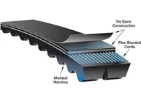 Gates 93898190 8/5VX1900 Super HC Molded Notch PowerBand Belts <ul><li>Cross Section: 5VX</li><li>Strands: 8</li><li>Sectional Top Width: 5/8"</li><li>Total Top Width: 5"</li><li>Depth: 35/64"</li><li>Outside Circumference: 190.00"</li><li>Material ID: 93898190</li></ul>The PowerBand construction allows multiple belts to function as a single unit, with even load distribution and each strand fitting securely in the sheave groove. Recommended for multiple V-belt drives exposed to pulsating or heavy shock loads which can make belts whip, turn over, slip, or jump off the drive.<ul><li>Flex-Bonded Cords are strongly bonded to the body of the belt resulting in equal load distribution and the absorption of bending stress without cord deterioration.</li><li>Notches molded into the belt during manufacturing increase flexibility, making this belt well suited for drives with smaller diameter sheaves.</li><li>Patented Ethylene (EPDM) Material construction provides -51C to +121C (-60F to +250F) temperature range to resist belt cracking.</li><li>The Tie Band assures high lateral rigidity, guiding the belt" a straight line and preventing it from coming off the drive.</li><li>Meets RMA oil and heat resistant standards and static conductivity requirements.</li></ul> Express Delivery